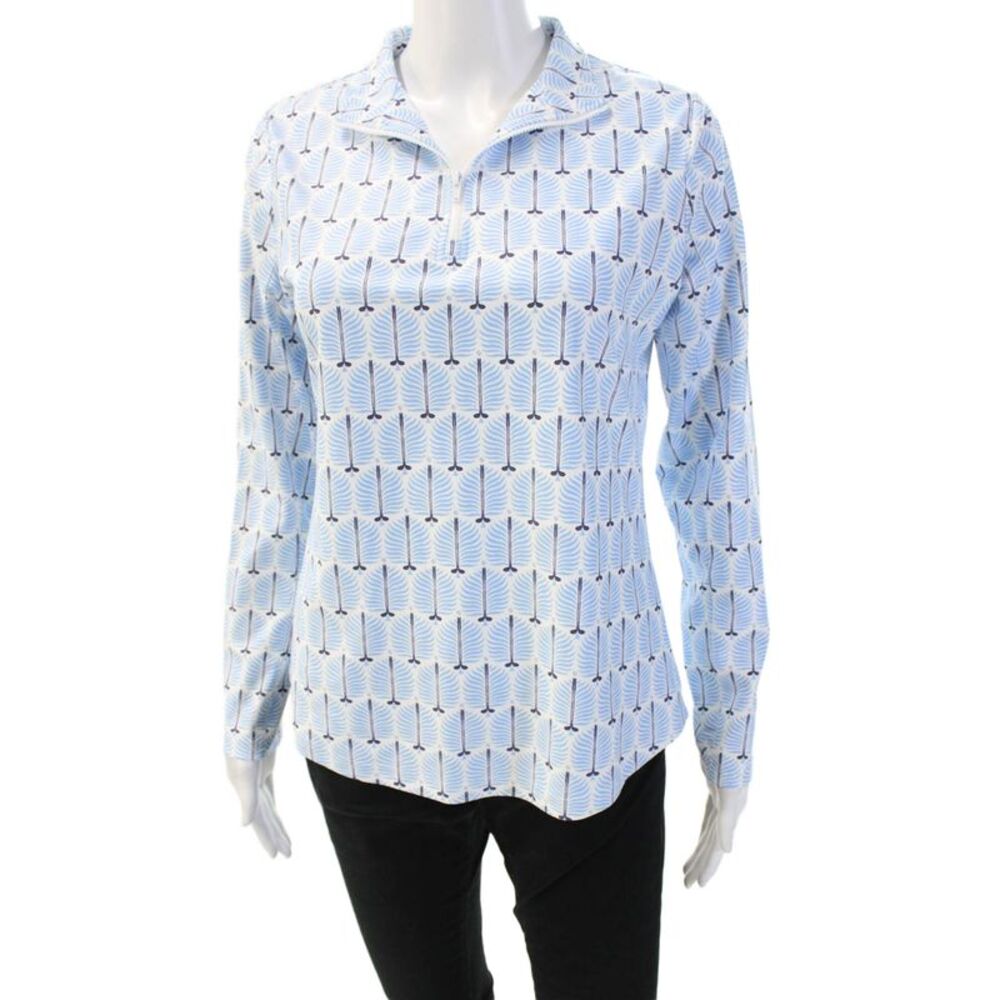 Designer Womens Light Blue Geometric Collared Long Sleeve Polo Size S